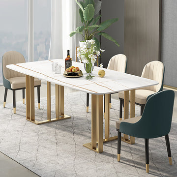 55.1" White Dining Table with Rectangular Stone Top & Metal Frame
